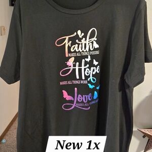 SHEIN Black Short Sleeve Tee with Rainbow Script 'Faith Hope Love'